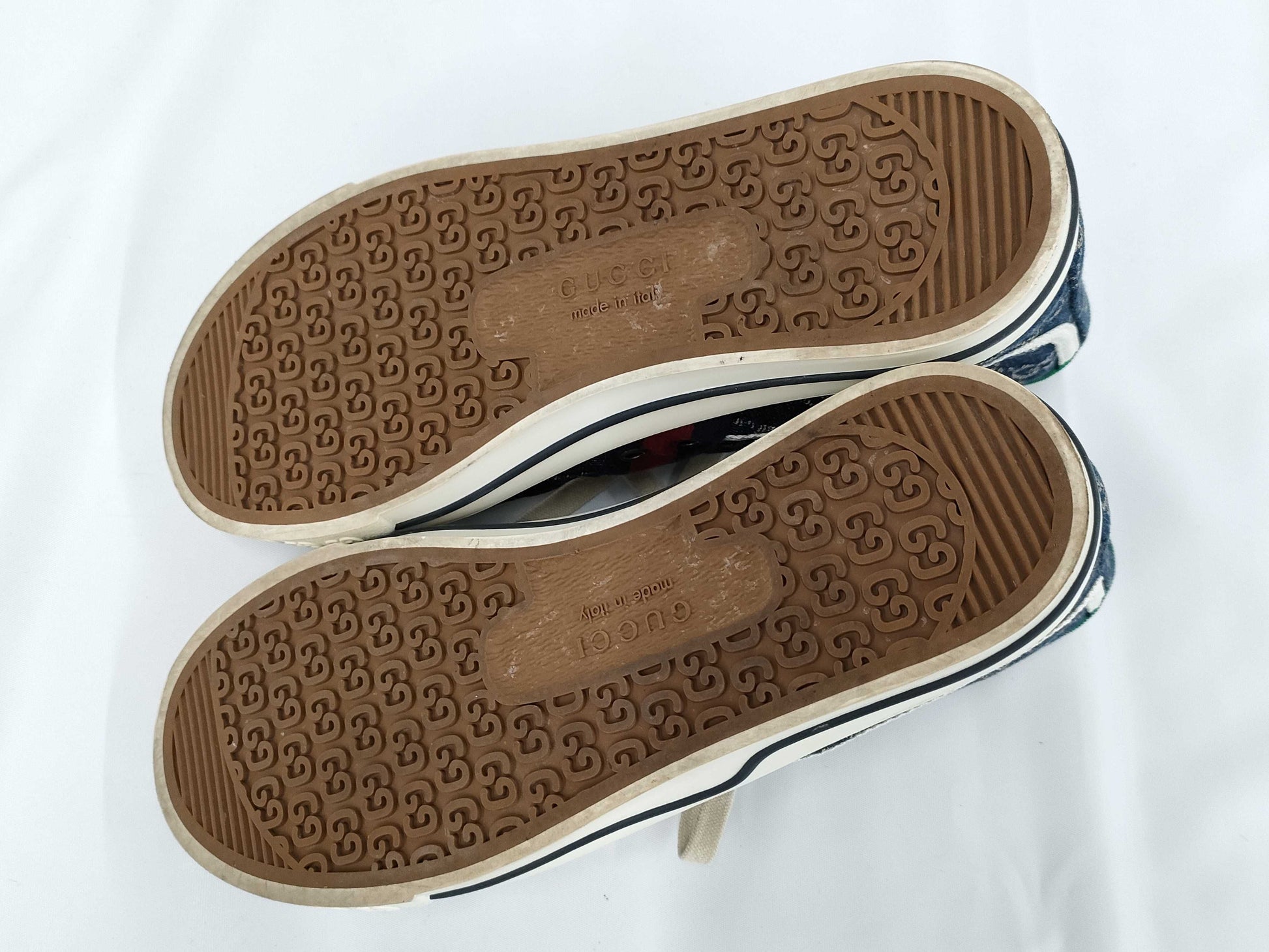 GUCCI 1977 tennis denim high-top sneakers, size 4+, GG pattern
