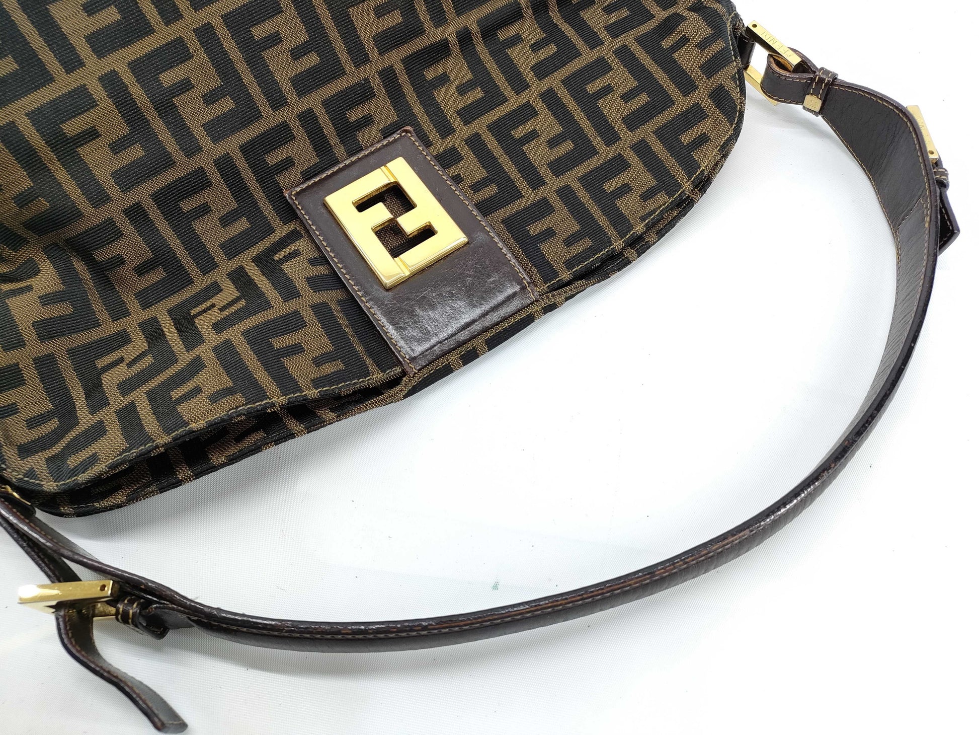 FENDI Zucca FF logo gold hardware canvas shoulder bag
