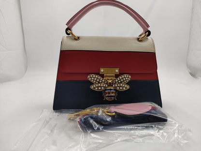 GUCCI Queen Margaret Stripe Bee 476541 White x Red x Navy Leather Shoulder Bag Women's Handbag