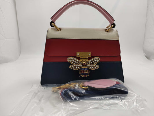 GUCCI Queen Margaret Stripe Bee 476541 White x Red x Navy Leather Shoulder Bag Women's Handbag