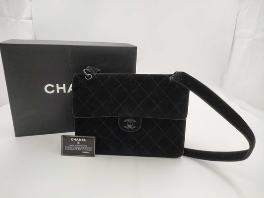 CHANEL Matelasse Velour Black Shoulder Bag with Black Hardware