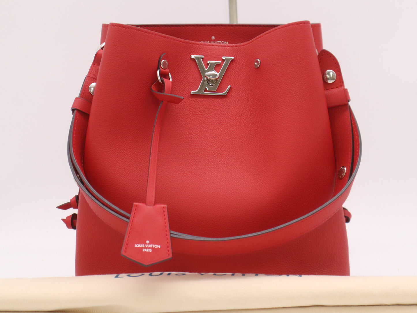 LOUIS VUITTON M54679 Leather Lock Me Red Shoulder Bag with Dust Bag and Cloche, RFID Verified