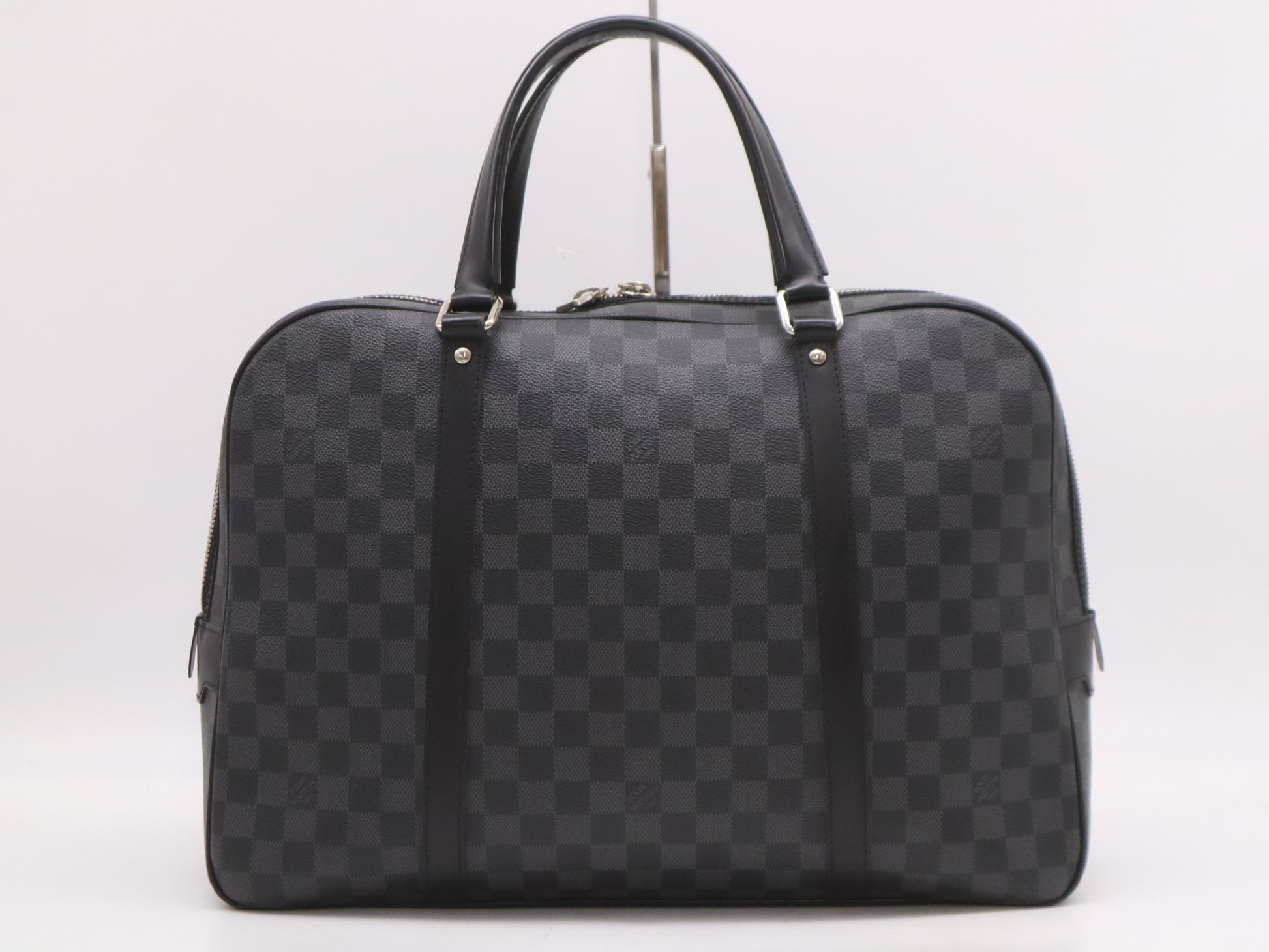 LOUIS VUITTON N51195 Damier Graphite Porte-Document Voyage Business Bag with Padlock, 2 Keys, Name Tag, Handle Cover, and Cloche
