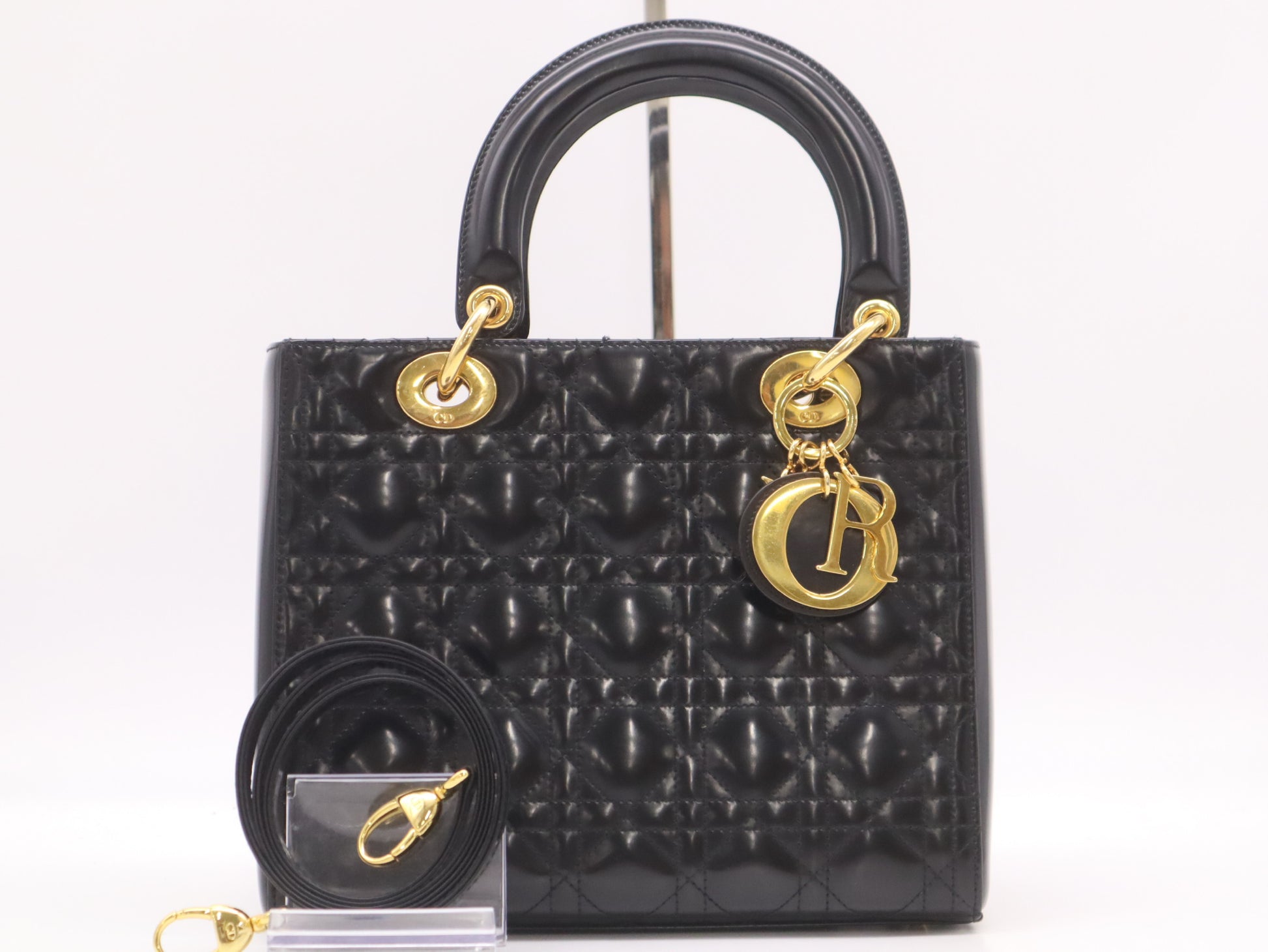 Dior Patent Leather Lady Dior Medium Leather Black Handbag