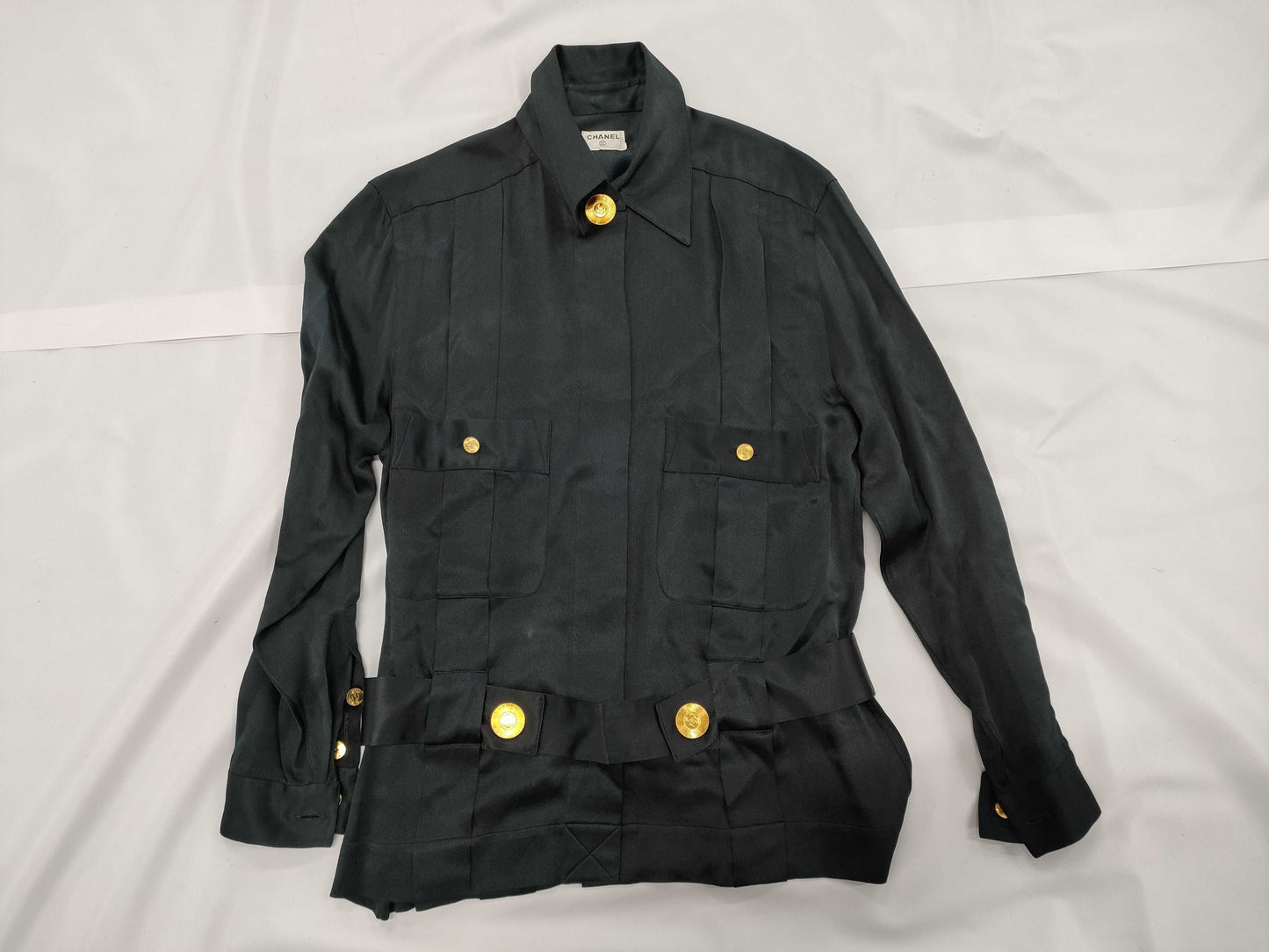 CHANEL Silk Shirt, Black, with Belt, Size M-L