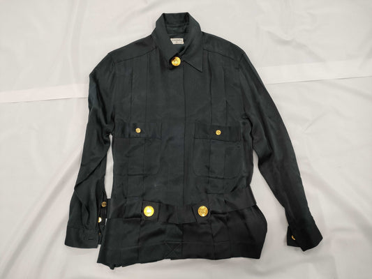 CHANEL Silk Shirt, Black, with Belt, Size M-L