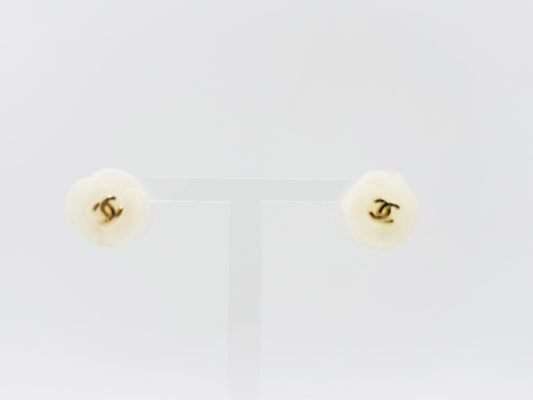 CHANEL Coco Mark Camellia Earrings 02P Resin Plastic White Earrings