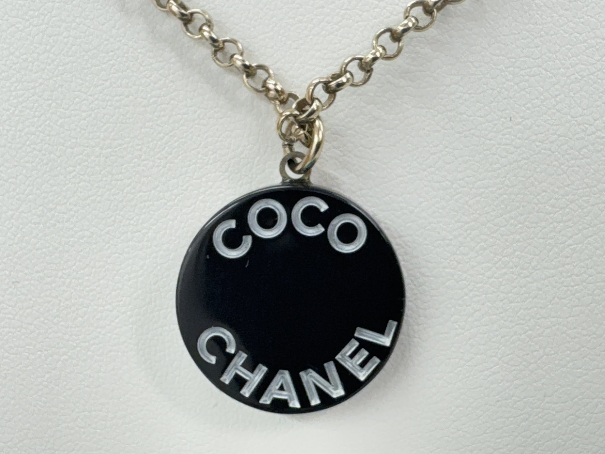 CHANEL COCO Logo Pla Silver Necklace 07P with Comments and Box