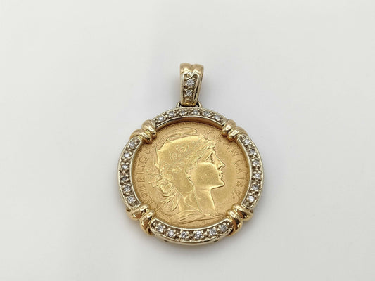 1910 20 Franc Gold Coin D0.21ct K21.6/750 11.5g Pendant Top 