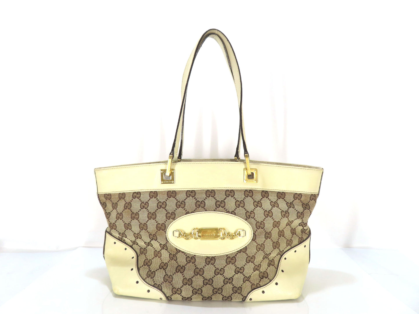 GUCCI GG Canvas Tote Bag, GG Canvas Leather, White and Beige Shoulder Bag