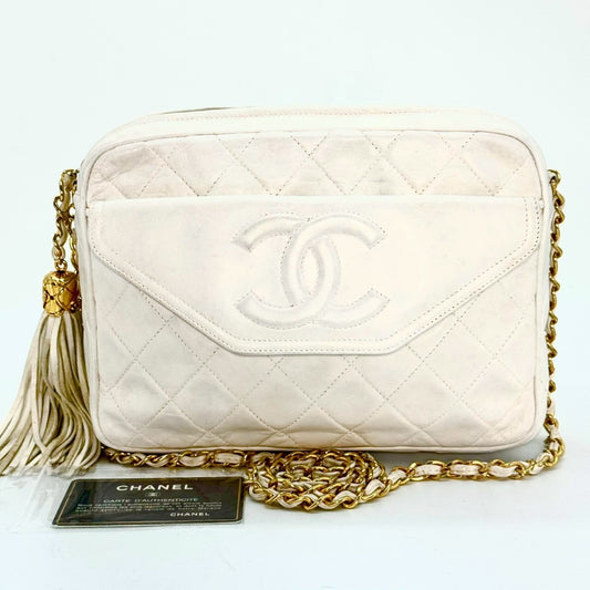 CHANEL Matelasse Lambskin Fringed Chain Shoulder Bag White 1726214 with Guarantee Card