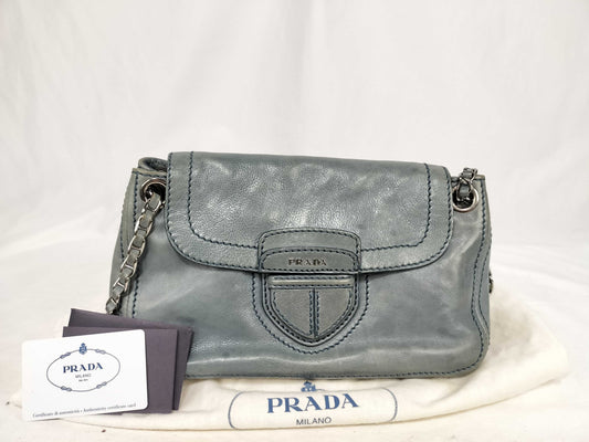PRADA Prada Mocha Leather Chain Shoulder Bag Blue Shoulder Bag