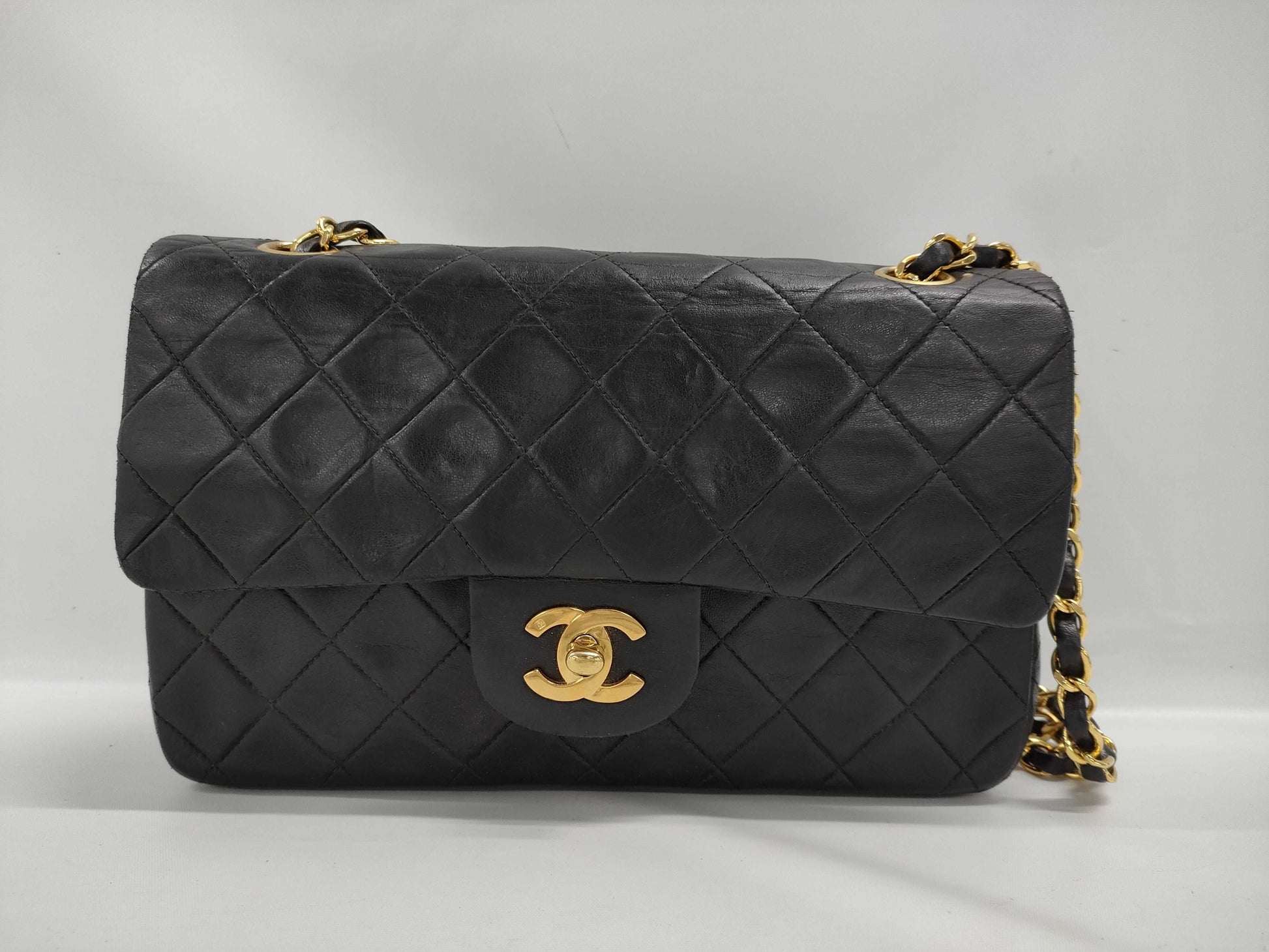 CHANEL Matelasse Double Flap Double Chain Lambskin Shoulder Bag with Gold Hardware and Serial Seal