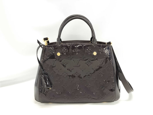 LOUIS VUITTON Montaigne BB 2-way handbag M50403 Amaranth gold hardware, enamel calfskin, CA0145 shoulder bag