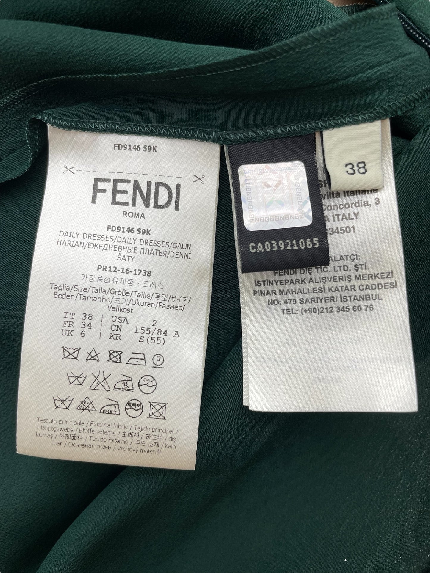 FENDI FENDI Silk Dress with Ruffles, Green, Made in Italy, Size 38