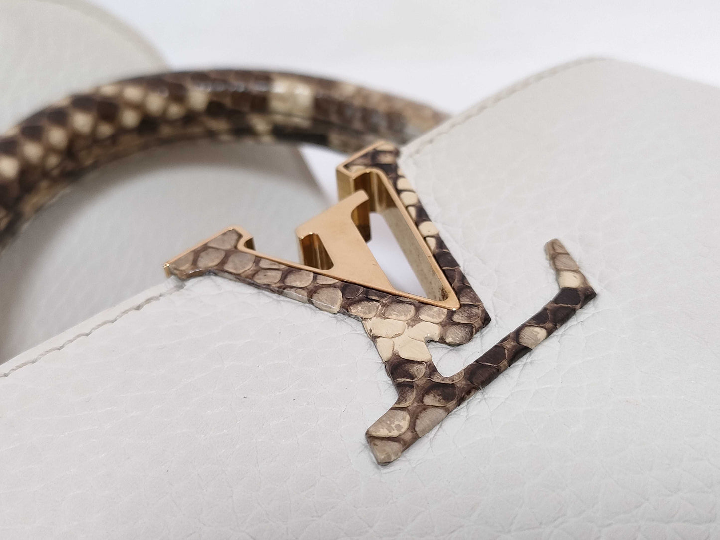 LOUIS VUITTON N85515 Capucines MINI Handbag in White with LV Logo and Python Leather