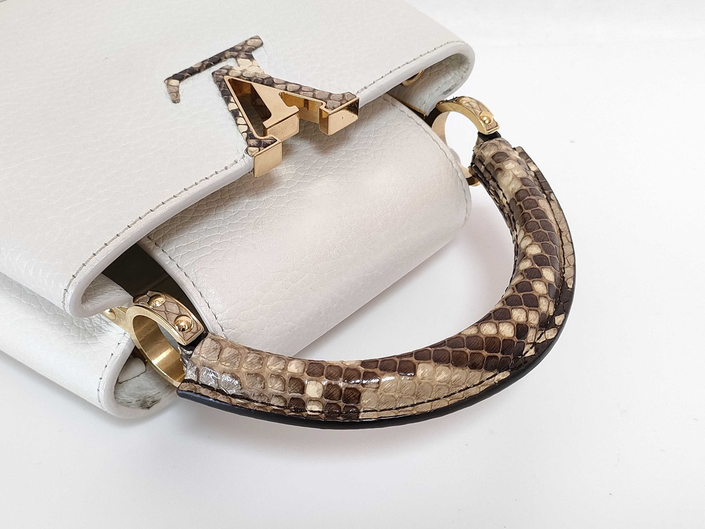 LOUIS VUITTON N85515 Capucines MINI Handbag in White with LV Logo and Python Leather