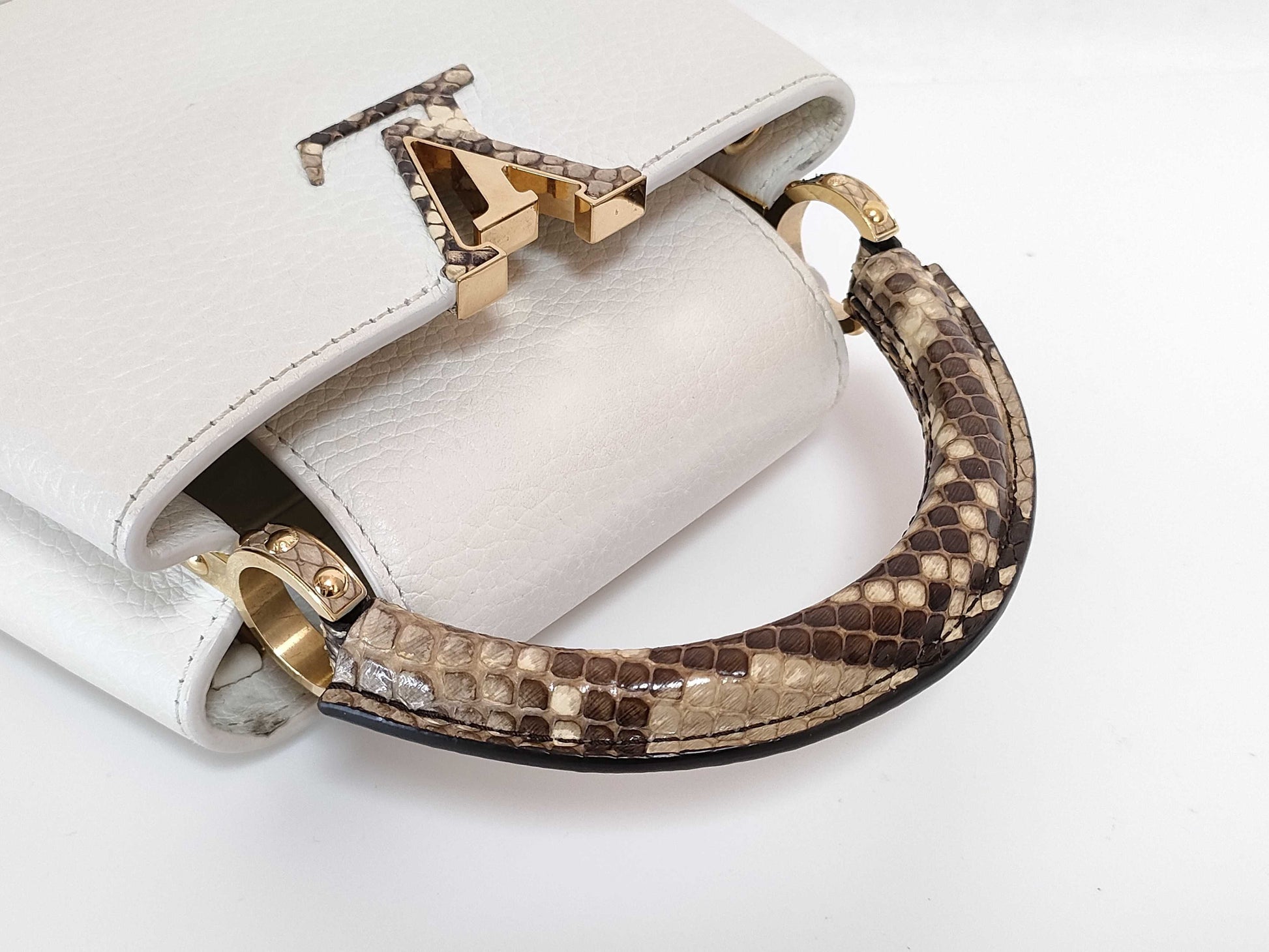 LOUIS VUITTON N85515 Capucines MINI Handbag in White with LV Logo and Python Leather