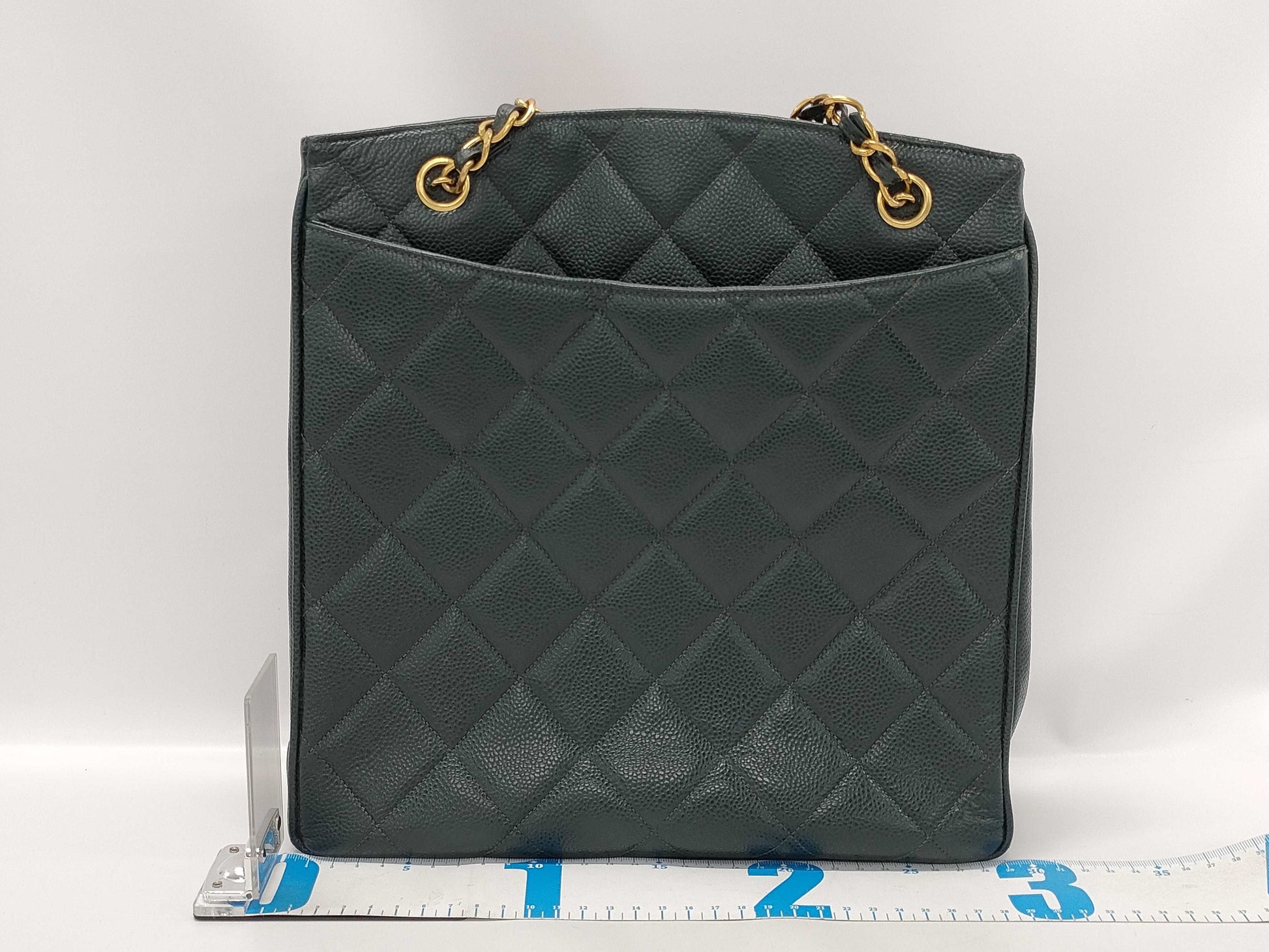CHANEL CaviSkin Matelasse Large Coco Mark Double Chain Tote Bag Green with Seal