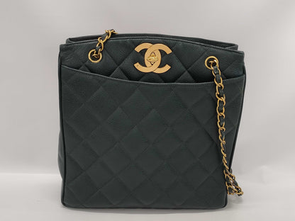 CHANEL CaviSkin Matelasse Large Coco Mark Double Chain Tote Bag Green with Seal
