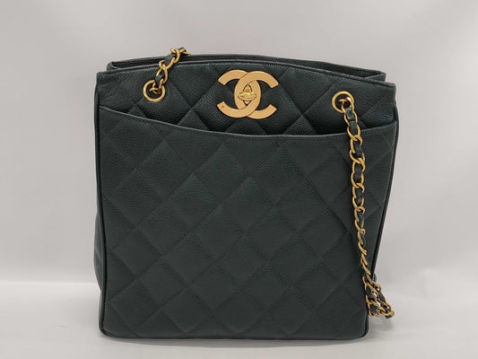 CHANEL CaviSkin Matelasse Large Coco Mark Double Chain Tote Bag Green with Seal