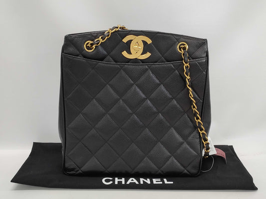 CHANEL CaviSkin Matelasse Large Coco Mark Double Chain Tote Black Shoulder Bag with Seal