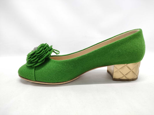 CHANEL Camellia Felt Pumps, Size 38C