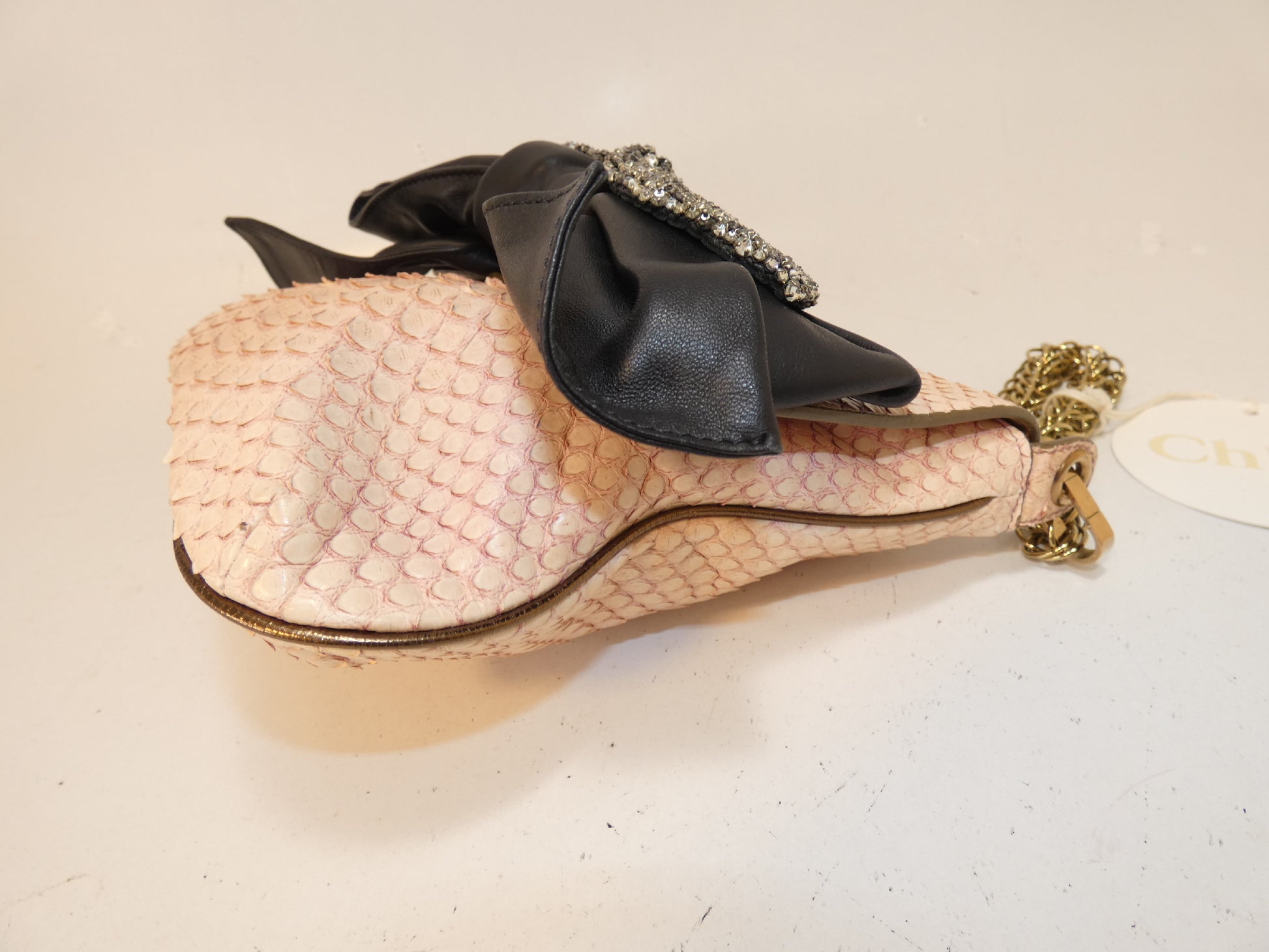 Chloe Python Print Ribbon Beaded Chain Shoulder Bag