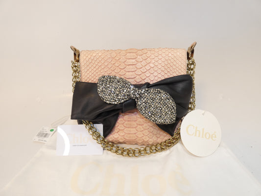 Chloe Python Print Ribbon Beaded Chain Shoulder Bag