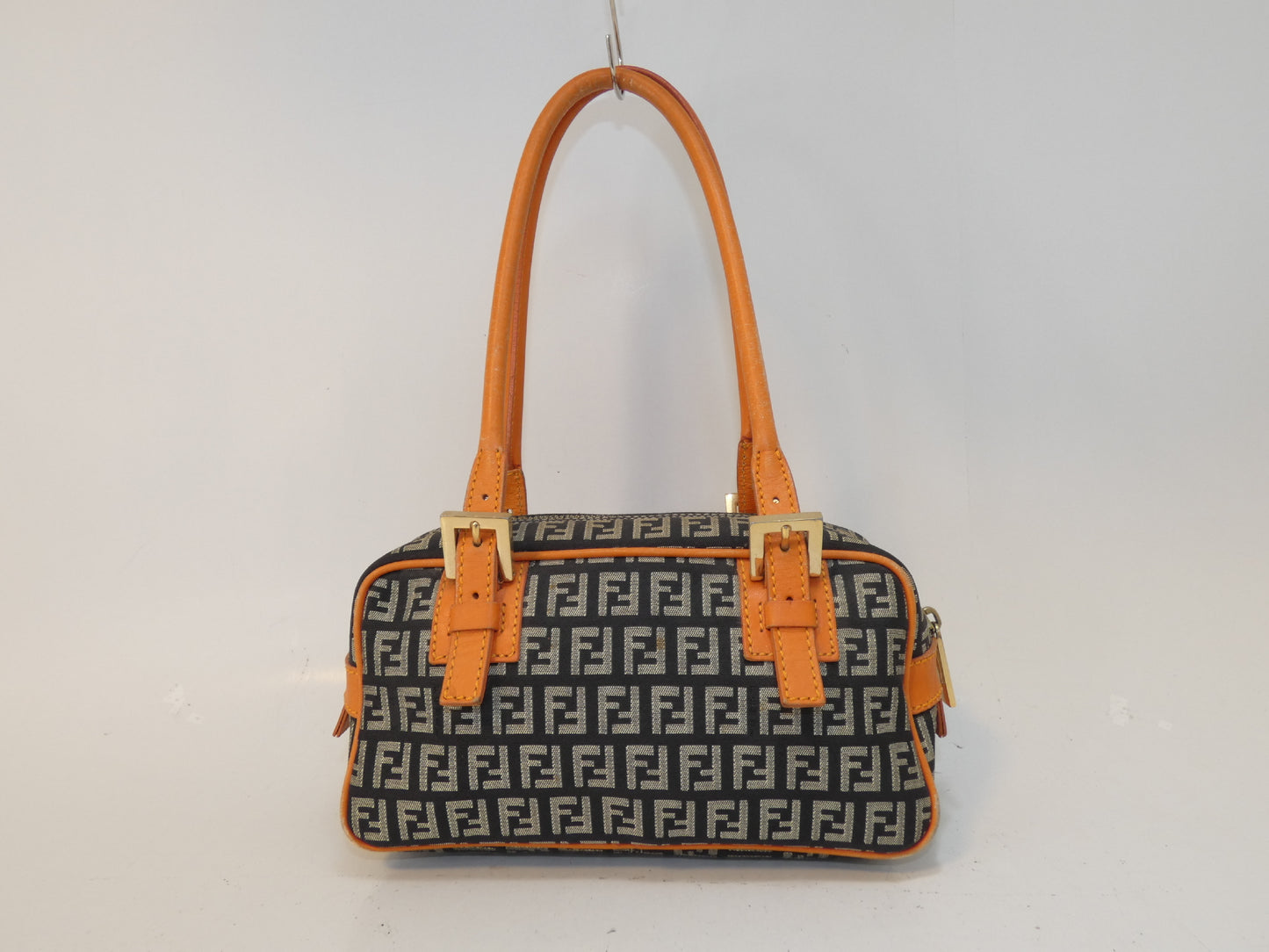 FENDI Zucchino Canvas and Leather Two-Tone Boston Bag