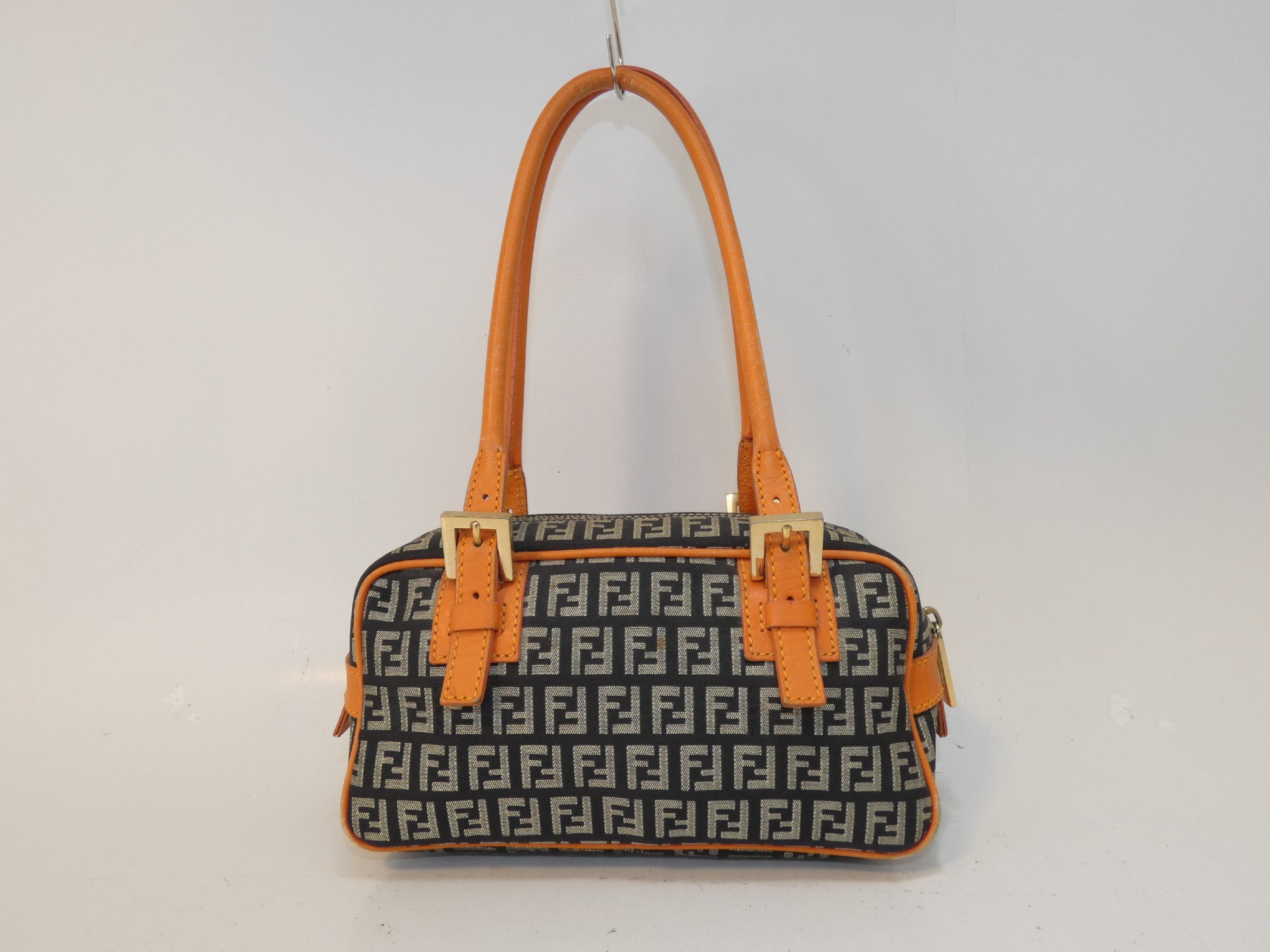 FENDI Zucchino Canvas and Leather Two-Tone Boston Bag