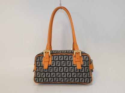 FENDI Zucchino Canvas and Leather Two-Tone Boston Bag