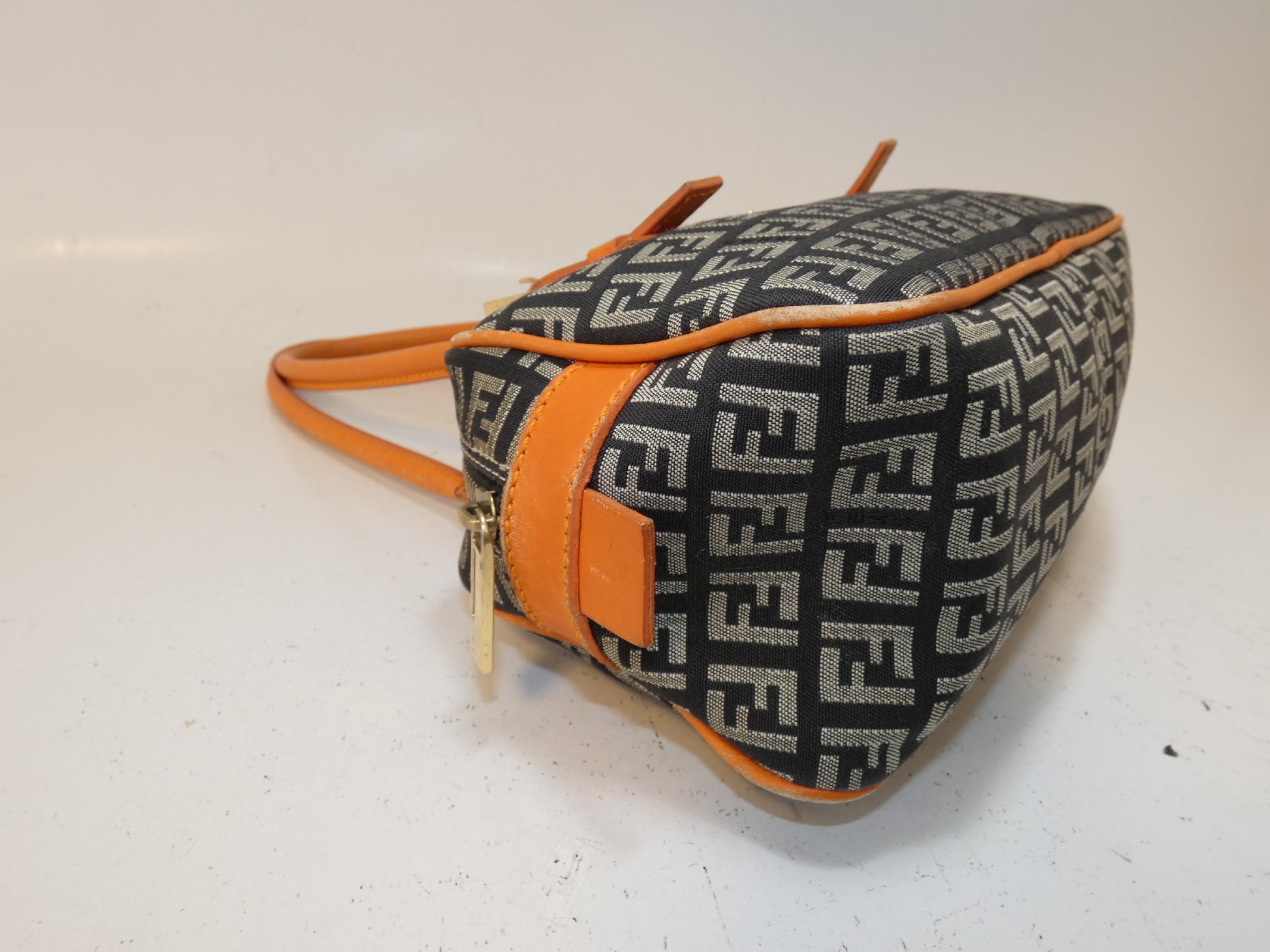 FENDI Zucchino Canvas and Leather Two-Tone Boston Bag