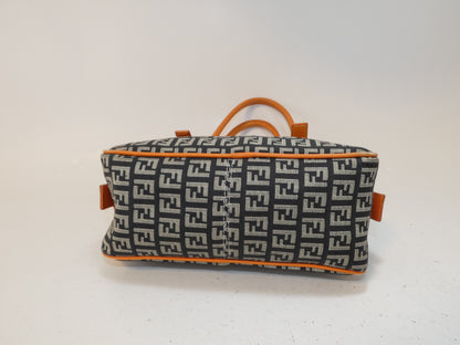 FENDI Zucchino Canvas and Leather Two-Tone Boston Bag
