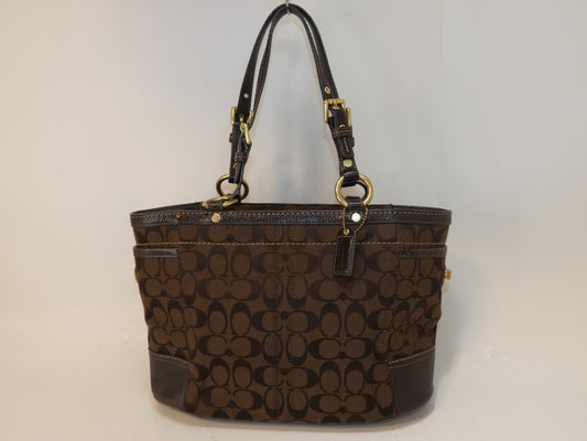 COACH Signature Brown Canvas Turnlock Leather Handbag