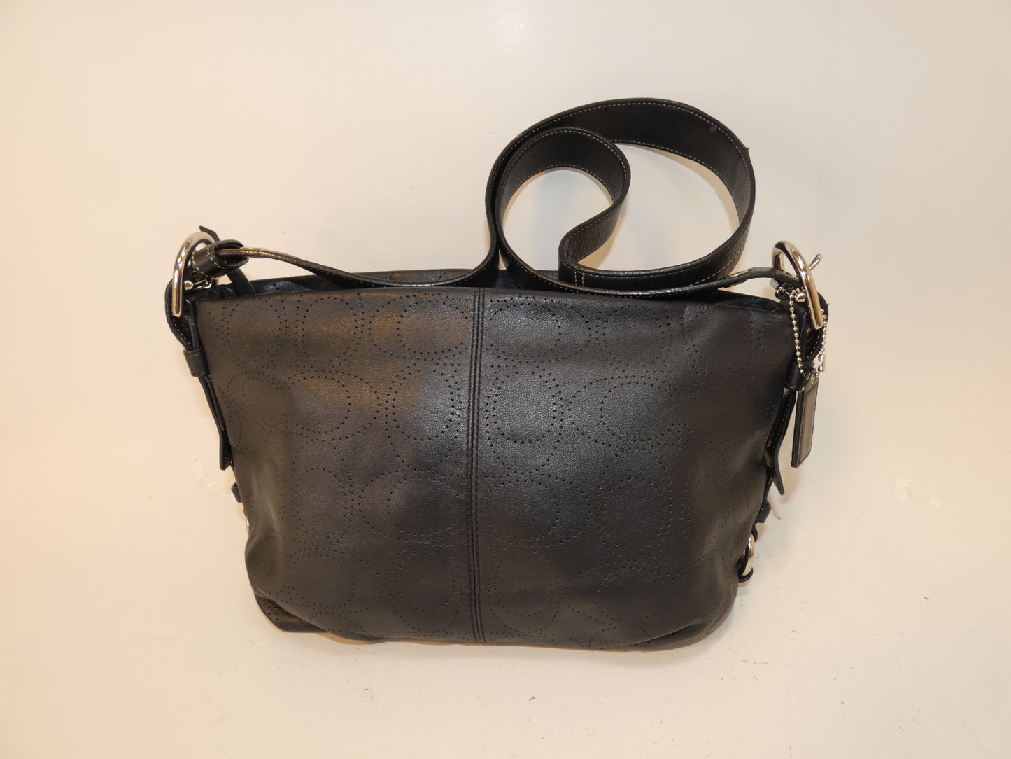 COACH Signature Perforated Black Leather Shoulder Bag