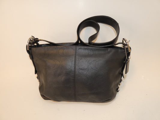 COACH Signature Perforated Black Leather Shoulder Bag