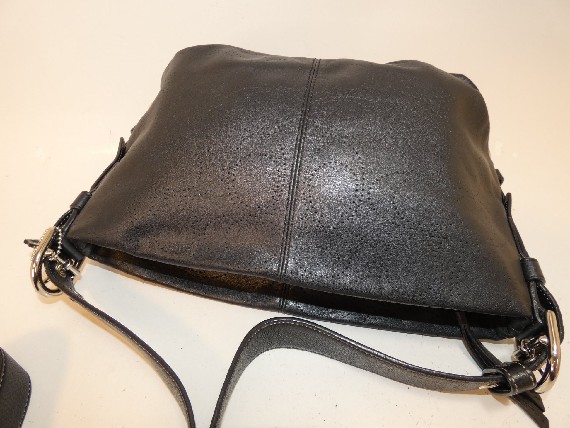 COACH Signature Perforated Black Leather Shoulder Bag
