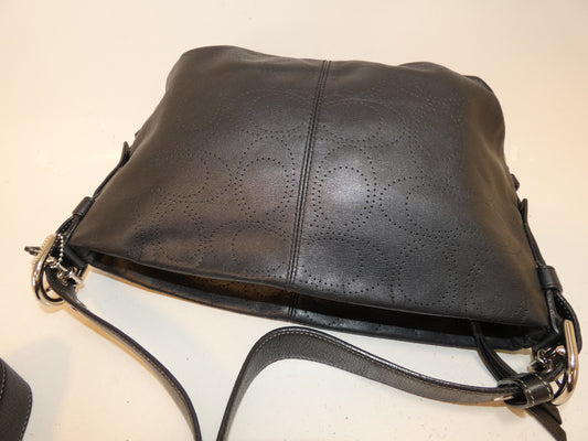 COACH Signature Perforated Black Leather Shoulder Bag