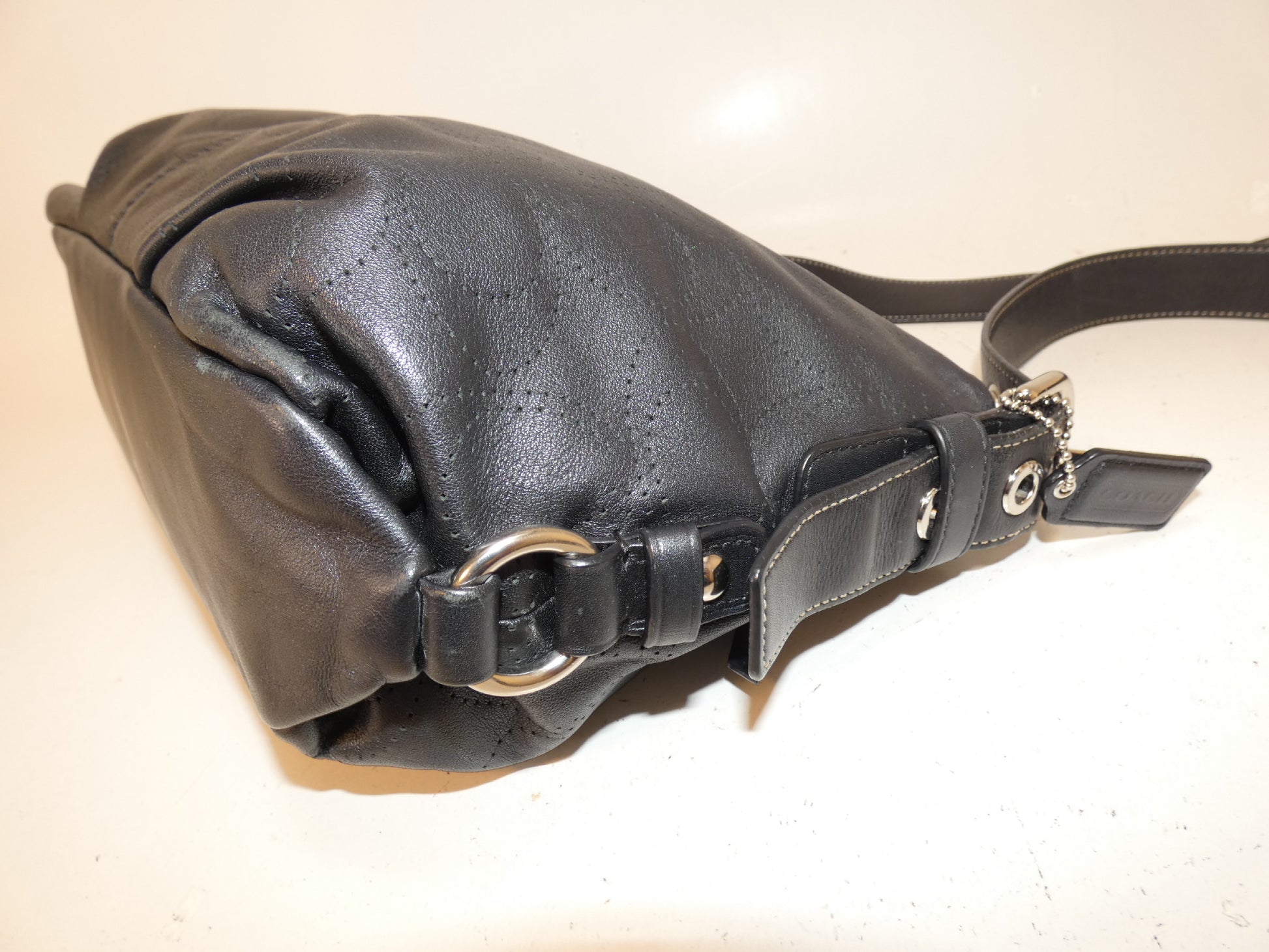 COACH Signature Perforated Black Leather Shoulder Bag