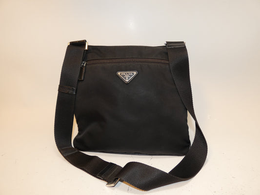 PRADA Triangle Plate Front Logo Nylon Saffiano Black Shoulder Bag
