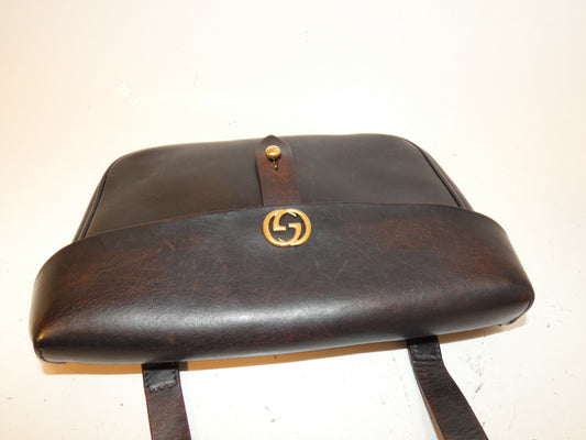 GUCCI All Leather Vintage Interlocking Dark Brown Shoulder Bag