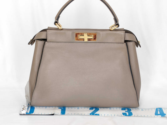 FENDI Peekaboo Medium Leather Greige Tortoiseshell 2-Way Handbag 8BN290