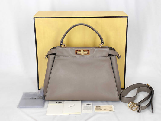 FENDI Peekaboo Medium Leather Greige Tortoiseshell 2-Way Handbag 8BN290