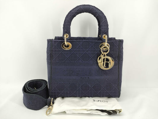 Dior Lady Dee-Lite Medium Cannage Navy 2-Way Canvas Handbag
