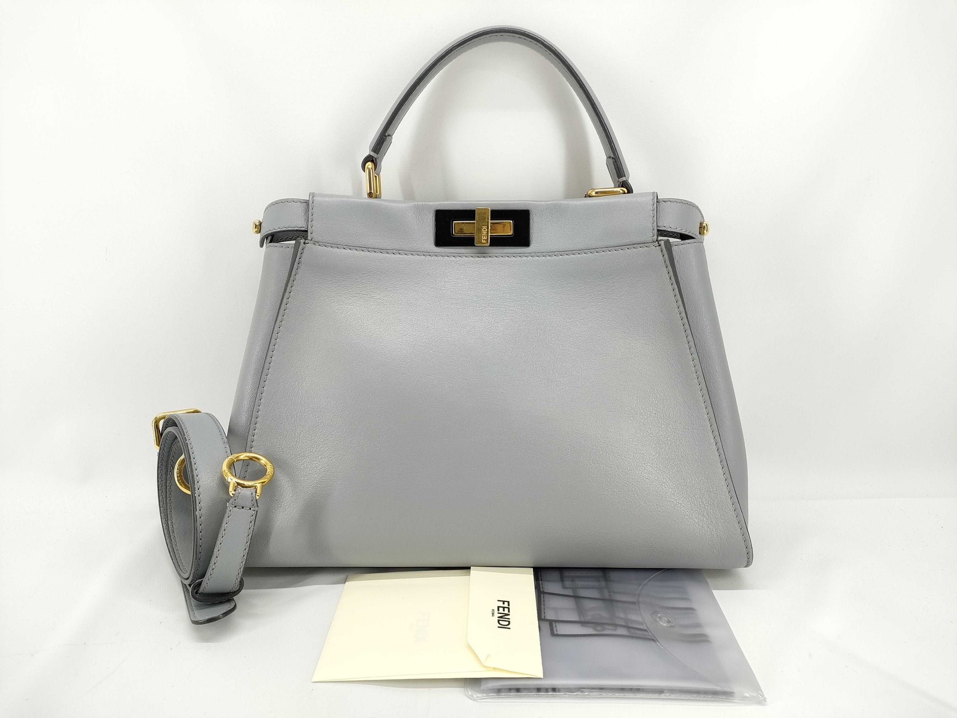 FENDI Peekaboo Regular Leather Blue-Gray 2-Way Handbag