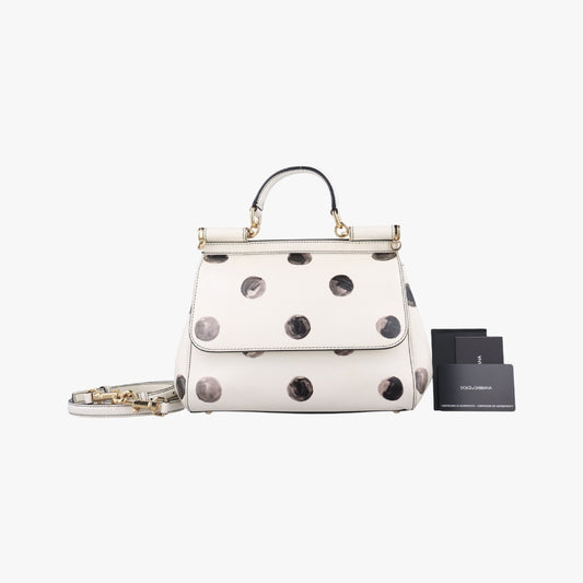DOLCE&GABBANA Polka Dot Miss Sicily Top in White and Black Leather, Size 40 Shoulder Bag