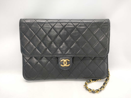 CHANEL Matelasse Push Lock Chain Shoulder Bag, Size 25, Lambskin, Black Seal