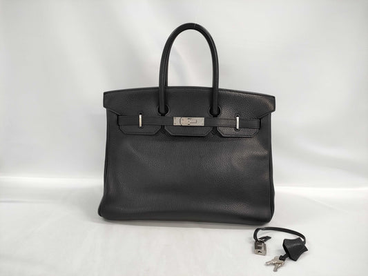 HERMES Birkin 35 Black Handbag with Silver Hardware and A Stamp