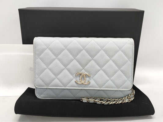 CHANEL Caviar Leather Matelasse Chain Wallet Light Blue Shoulder Bag